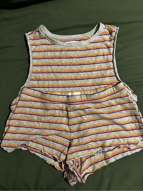 Colsie Striped Cotton Tank Romper in Gray, Red & Yellow